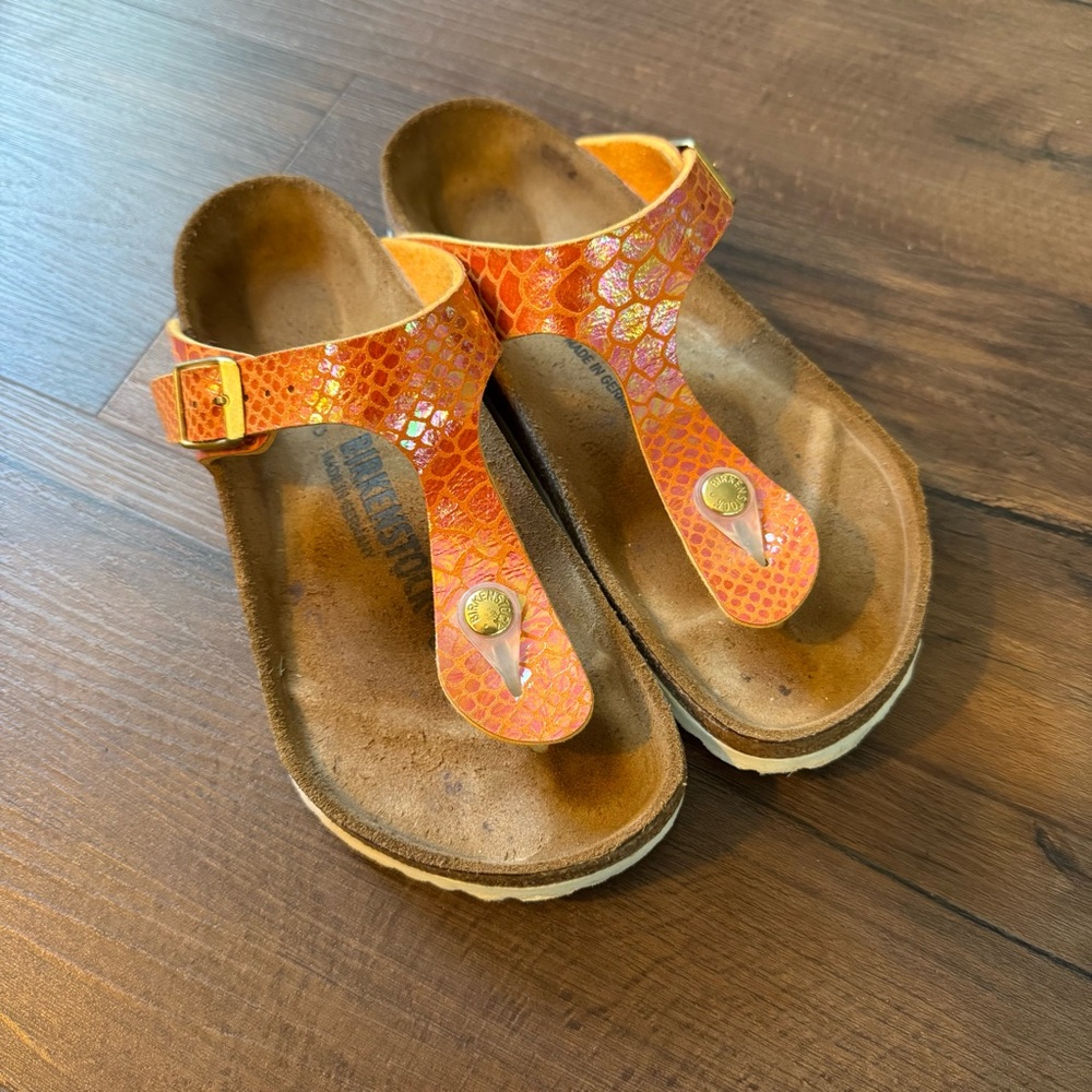 Birkenstock Gizeh Shiny Snake Thong Sandals Orange Size 36